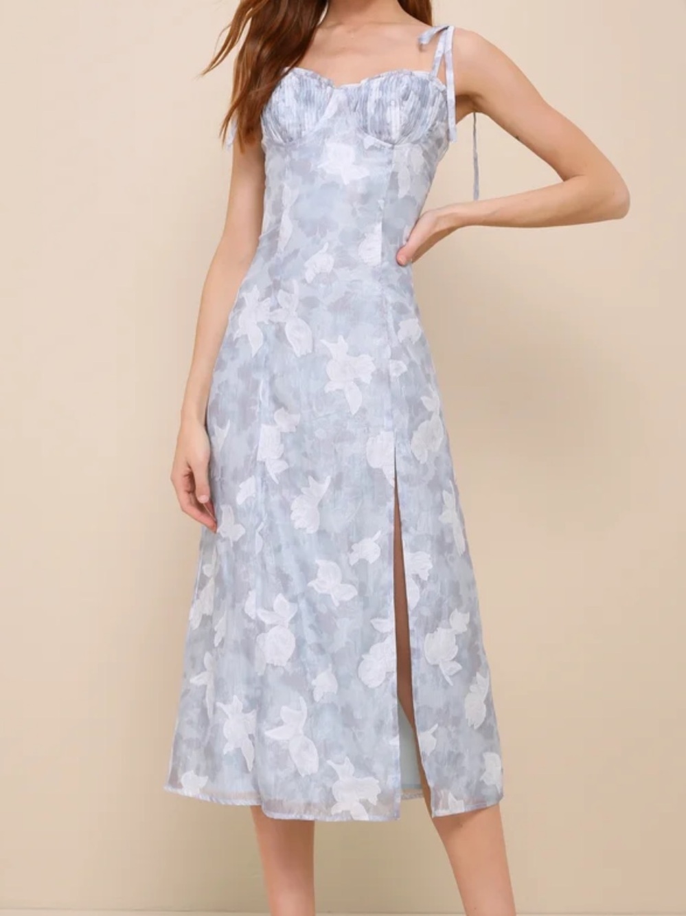 Lulu's Pale Blue Floral Midi Dress with Side Slit